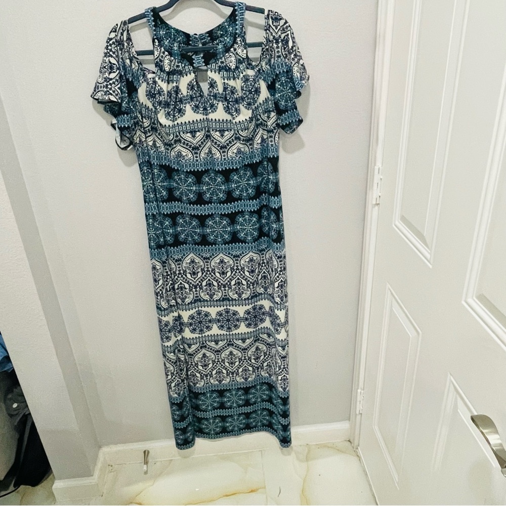 Chicos Blue Mosaic Pattern Cold Shoulder Maxi Dress Womens Size 3